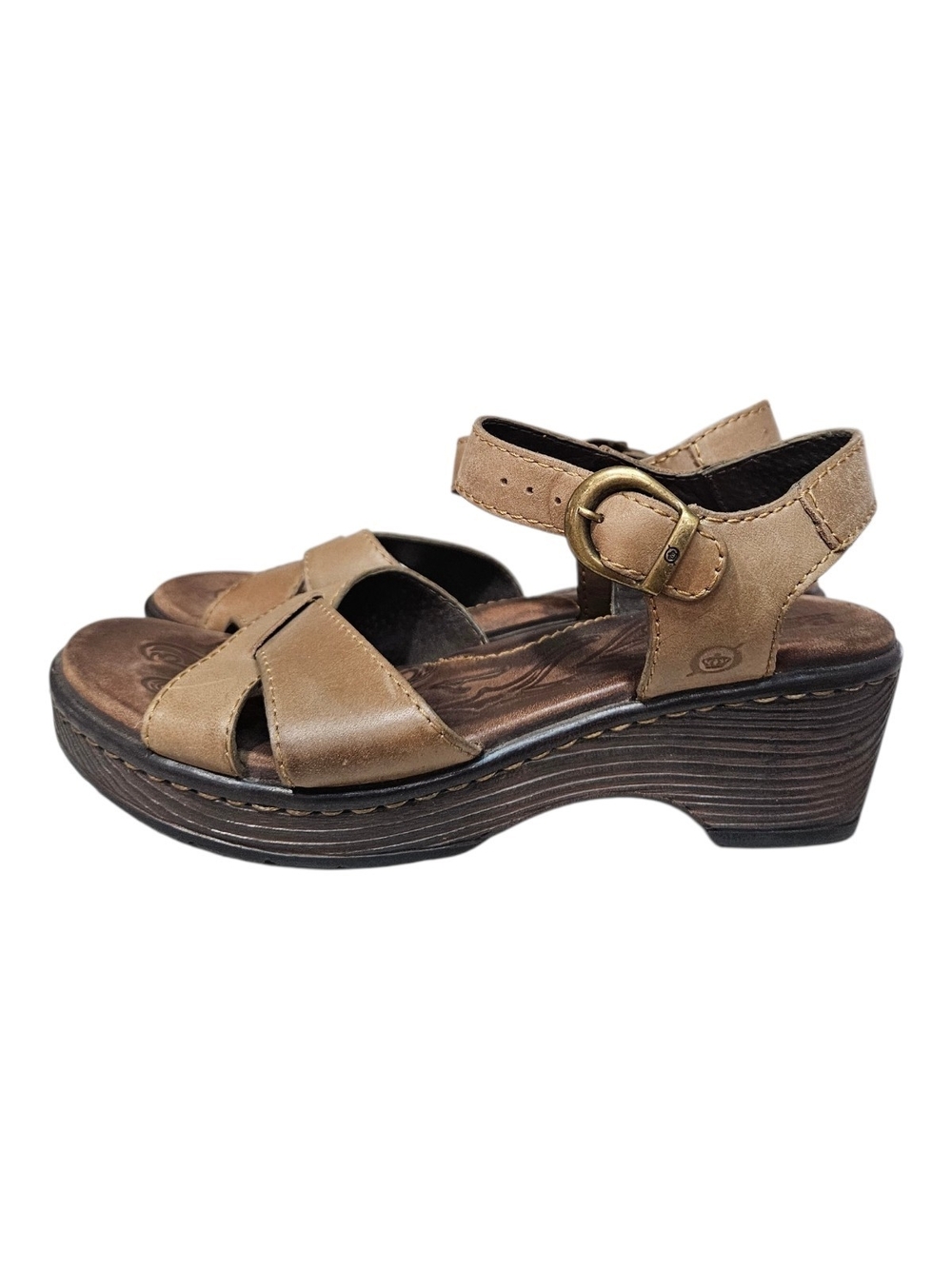 Born Tan Leather Wedge Sandals with Buckle
